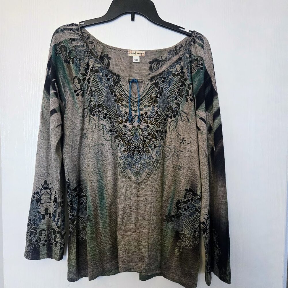 Boho tunic top by World Unity -‎ gray with paisley motif Size XL